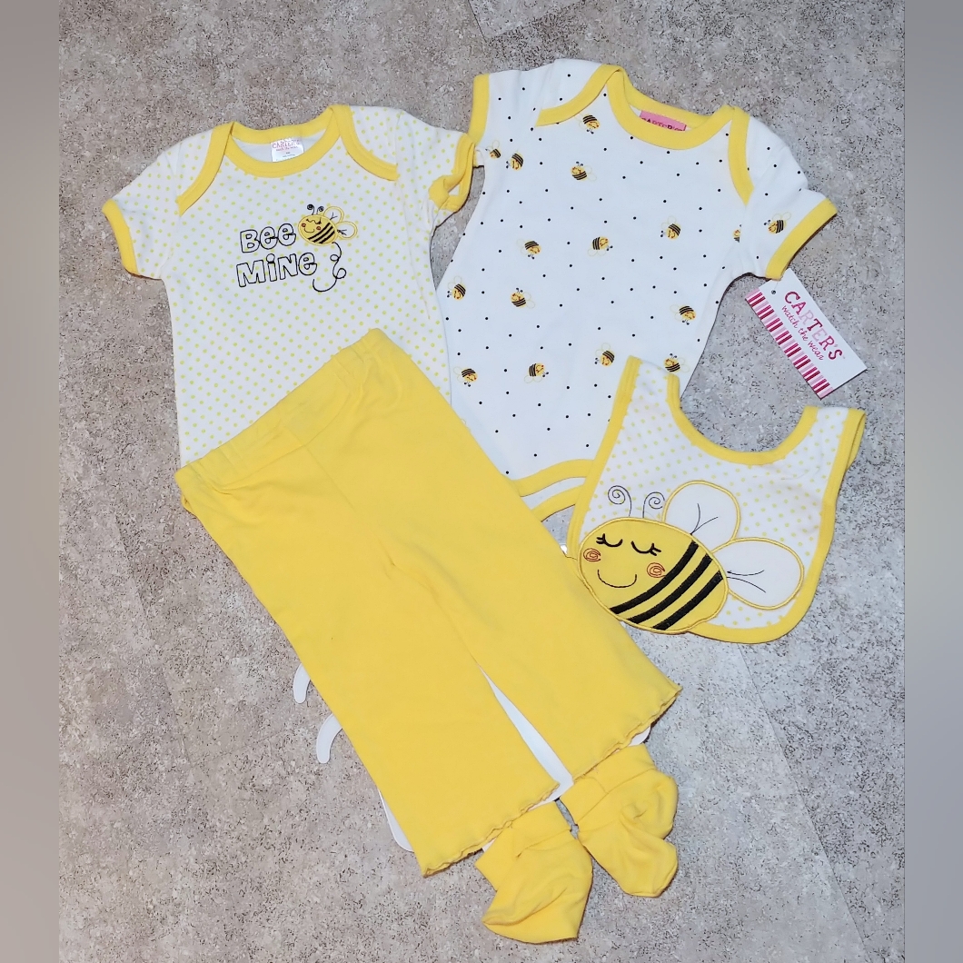 Carter's 5 Piece 6-9 Month Outfit/Set, Lemon Yellow & White Bees, 100% Cotton